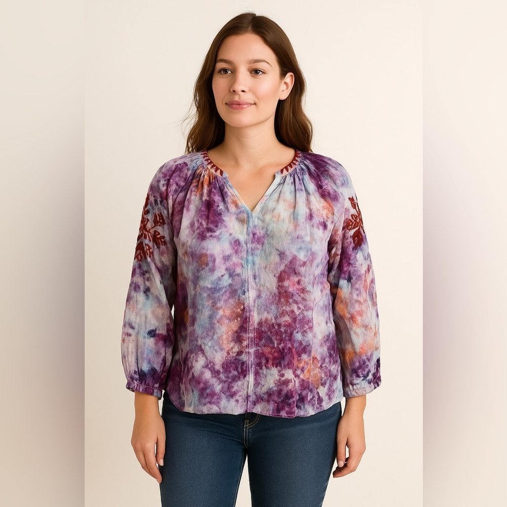 🌸 NILI LOTAN Linen‎ Boho Blouse 💜 Tie-Dye Peasant Top XS (Oversized Fit) ✨